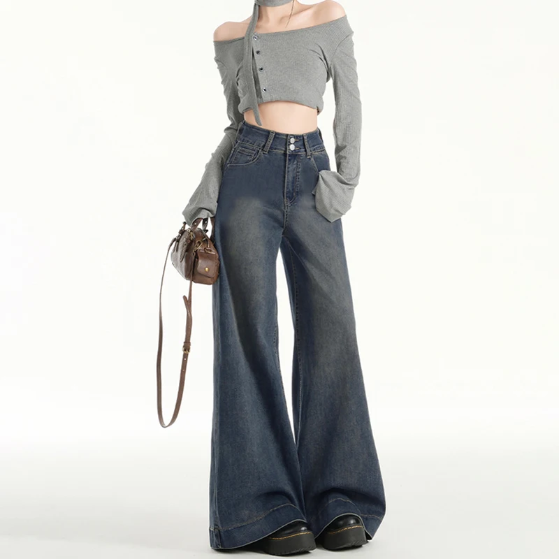 

New High Waist Wide Leg Jeans Women's Spring Autumn High End Pants Straight Cut Denim Trousers for Young Ladies