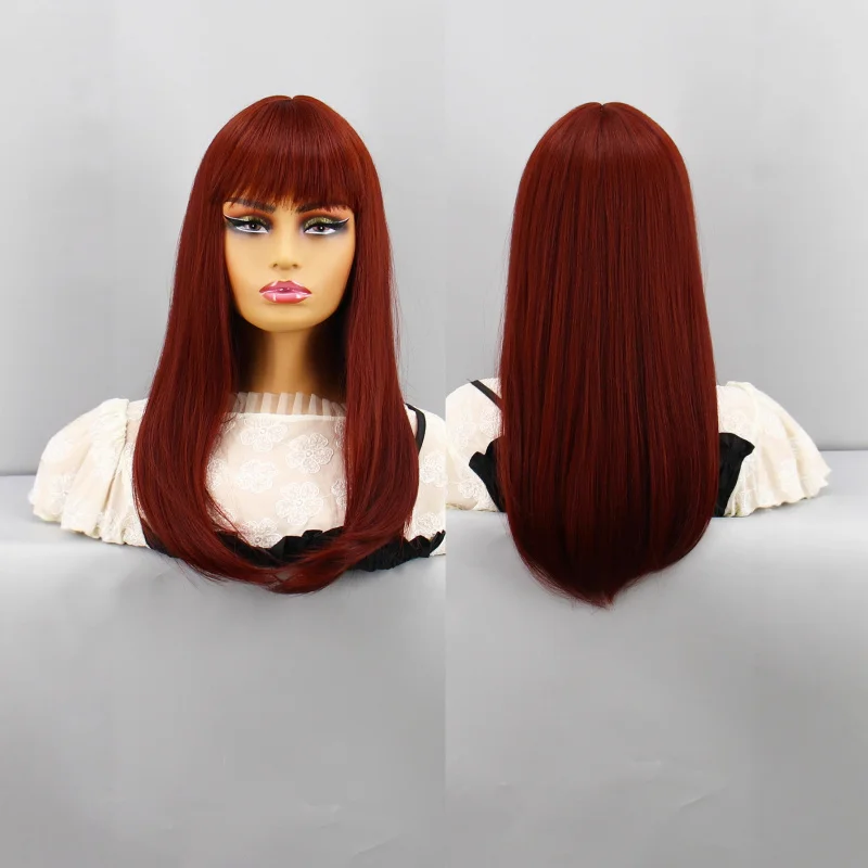 

Длинный парик для женщин, натуральный парик на всю голову, длинные прямые волосы с челкой, в стиле повязки на голову, из синтетического волокна, машинного производства