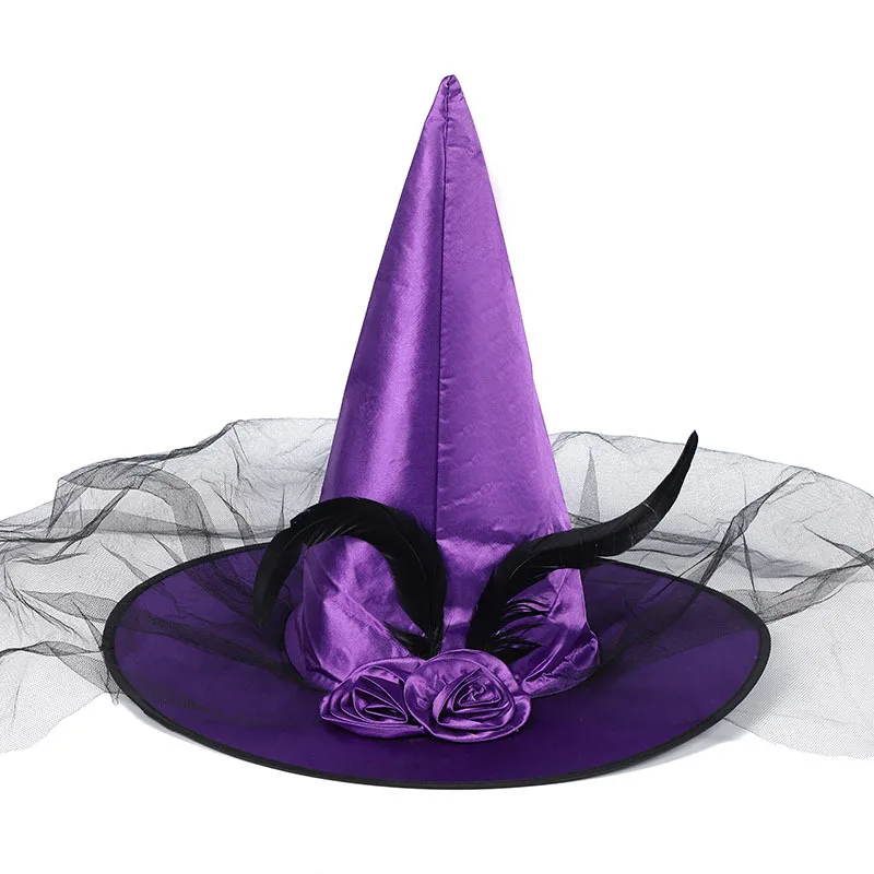 Halloween Vintage Lace Witch Hat Decoration Demon Witch Pointy Hat Masquerade Vampire Costumes Accessories Cosplay Mesh Yarn Hat