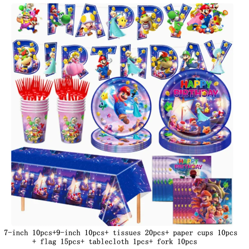 Mario Complete Birthday Party Supplies Set Galaxy Mario Themed Decor Kit with Banner Balloons Tableware Cake Toppers for Kids image 3