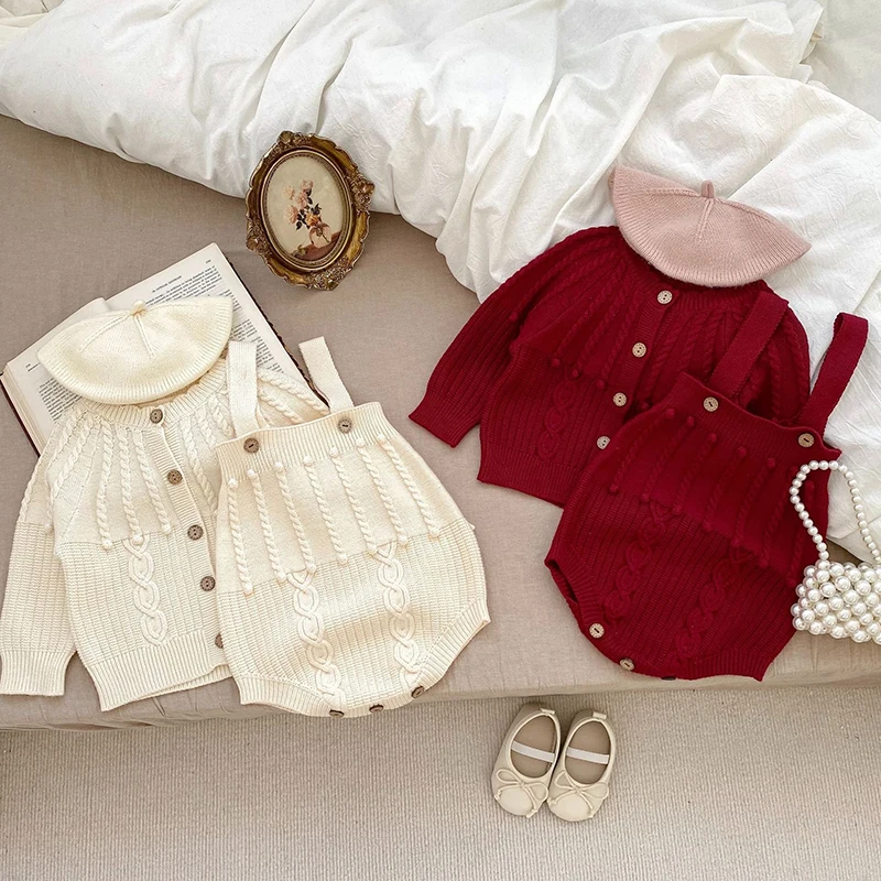 

Autumn Spring Newborn Baby Girls Clothing Set Long Sleeved Solid Color Knitted Cardigan Jumpsuit Infant Baby Girls Clothes Suit