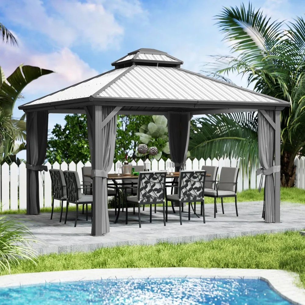 

12'x12' Hardtop Gazebo -with Netting and Shaded Curtains for Patio, Backyard, and Deck - Permanent Metal Pavilion