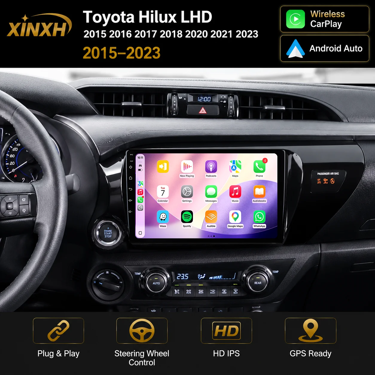 Car Stereo Radio For Toyota Hilux LHD 2015 2016 2017 2018 2020 2021 2023 Carplay Android Auto Car Multimedia DSP 2 DIN Autoradio