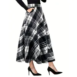 A-line Vintage Plaid Skirt Autumn Winter Woolen Skirt Women Korean Style Thick High Waist Long Midi Skirt Cotton Pleated Skirt