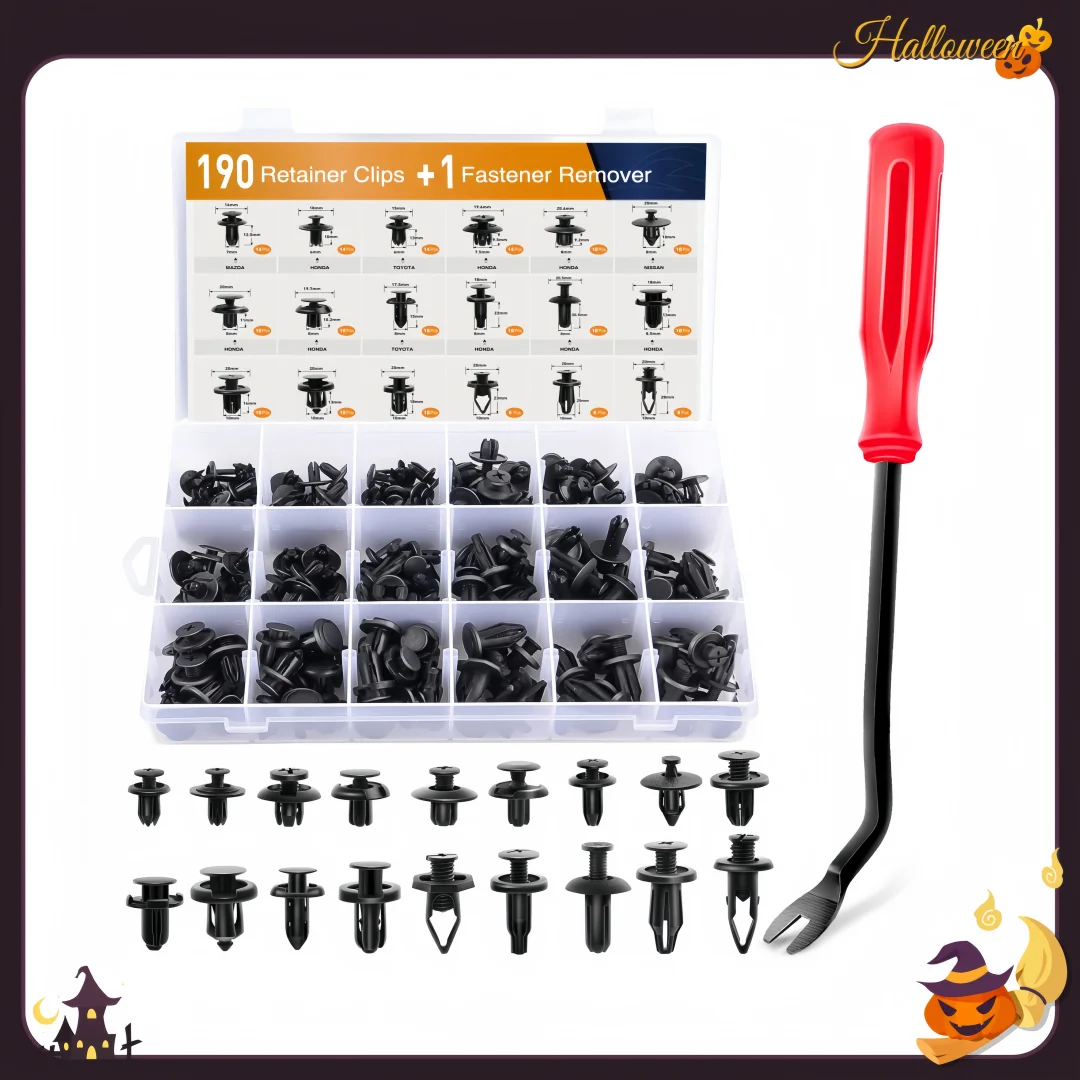 190 قطعة من مشابك تثبيت السيارة ومزيل السحابة - 18 مقاسًا وتطبيقاتًا مشهورة مجموعة مسامير دبوس الدفع التلقائي