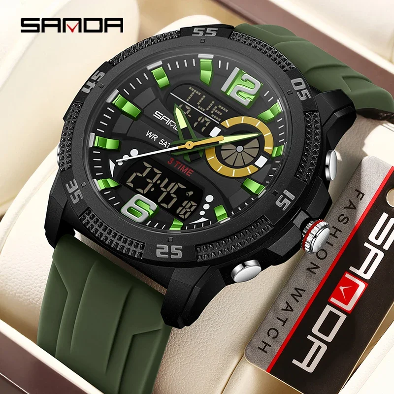 

SANDA модные водонепроницаемые роскошные мужские часы с двойным цифровым дисплеем спортивные аналоговые кварцевые наручные часы повседневный силикагель хронограф