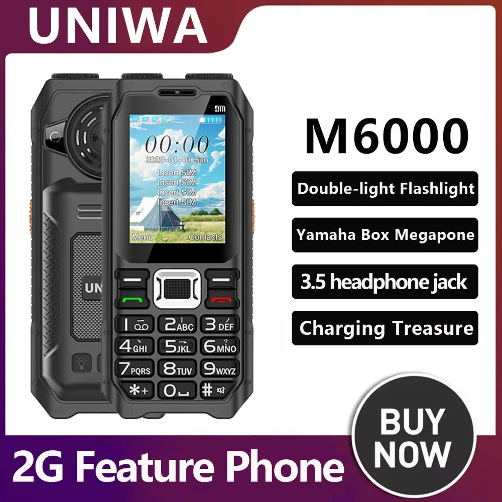UNIWA M6000 2G Feature Phone For Elderly Power Bank 2.3'' FM Radio MP3 Long Battery Voice Record Torch Big Keyboard Mobile Phone