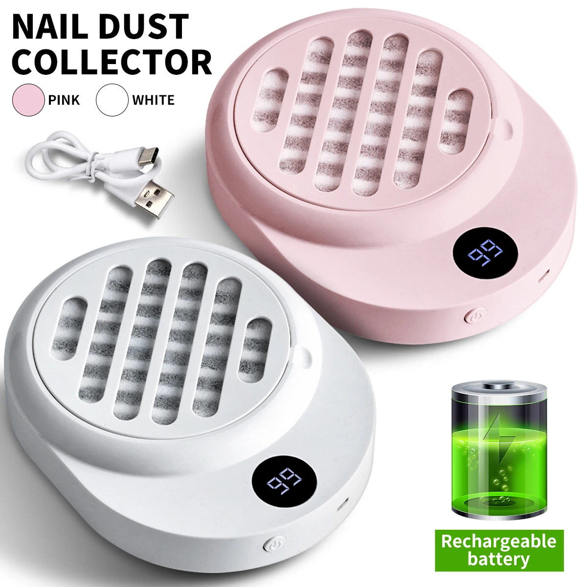 Mini Nail Dust Collector Rechargeable Nail vacuum cleaner with LED HD Display Professional Nail Polishing Powder Collector Tool
