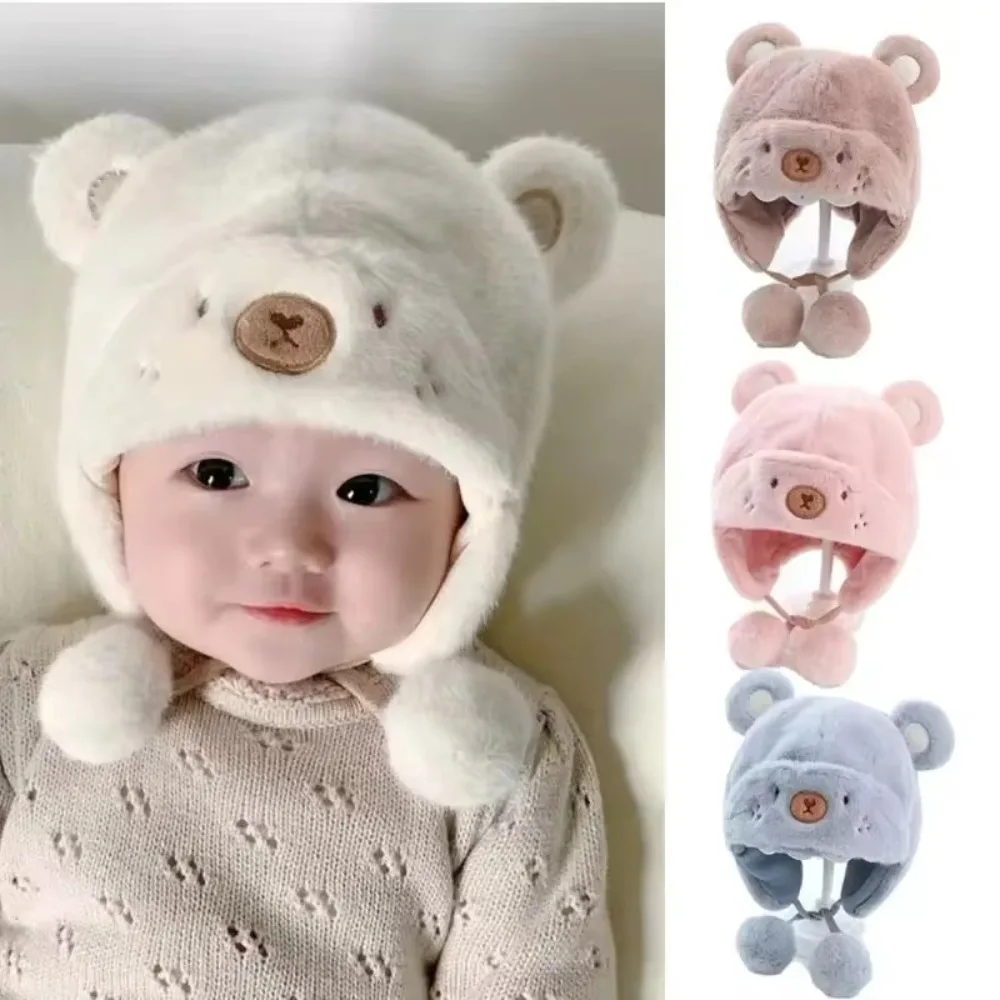 

Cute Winter Warm Kids Hats Hemming Caps with Ball Ear Protection Hats Solid Color Newborn Bonnet