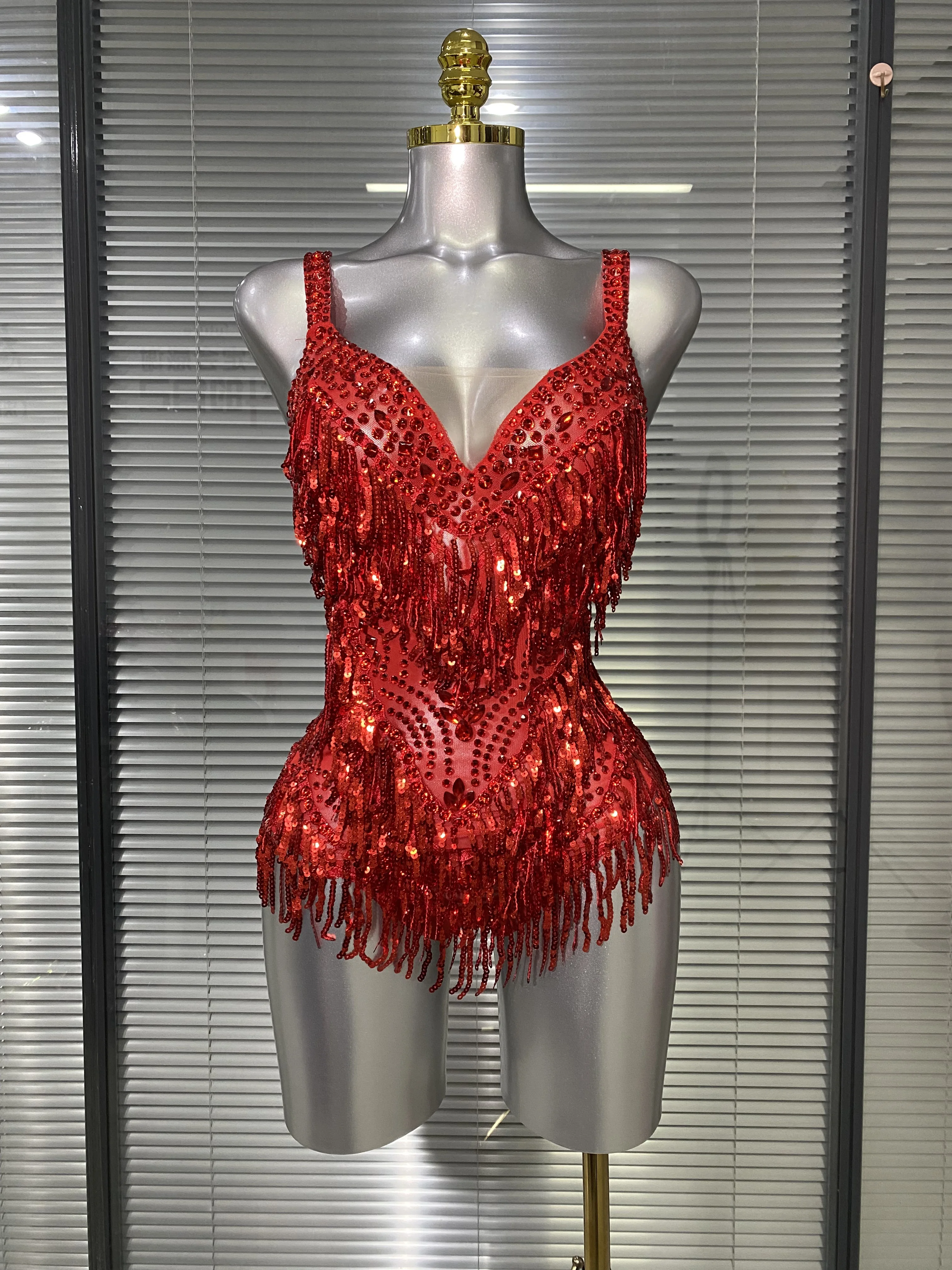 

Luxury Women Sexy Sparkly Tassel Rhinestones Mesh See Through Bodycon Bodysuit Birthday Party Nightclub Performance Costume