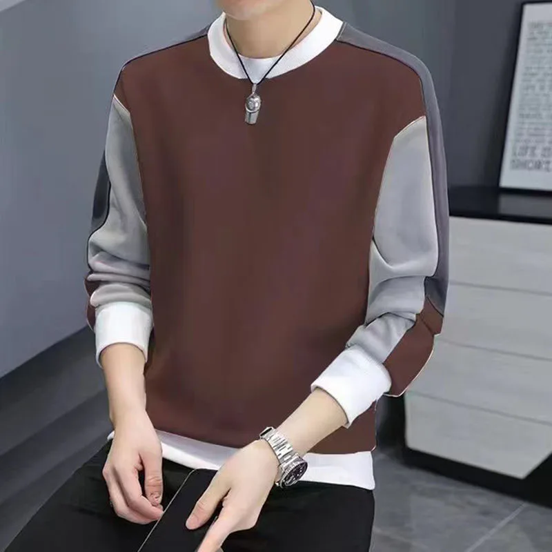 New Autumn and Winter Fashion Label Patchwork Color Contrast Thickened Round Neck Loose and Versatile Handsome Men's Sweater 