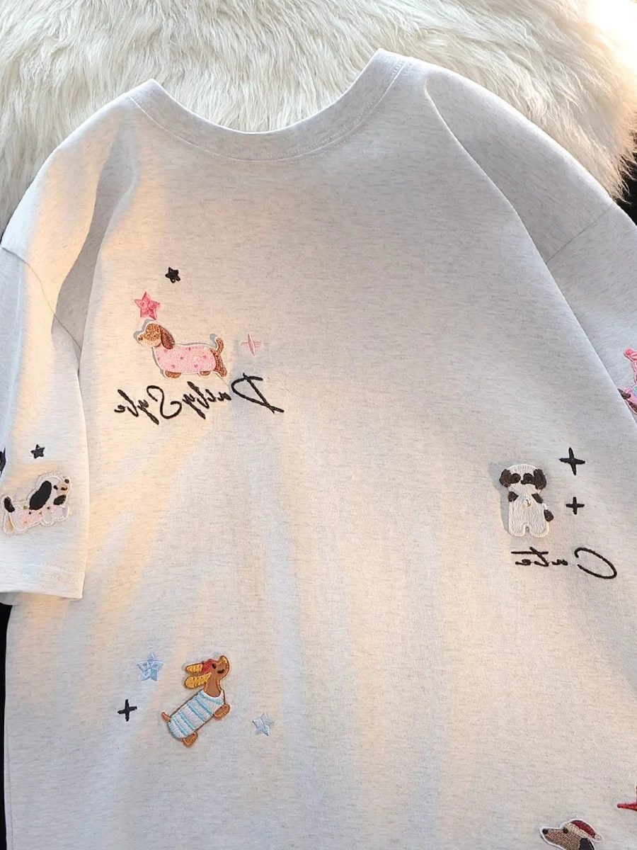 American Lazy Chic Short Sleeve T-Shirt Embroidered Dog Design Loose Vintage Top for Men Youth Summer Cotton Casual Tee