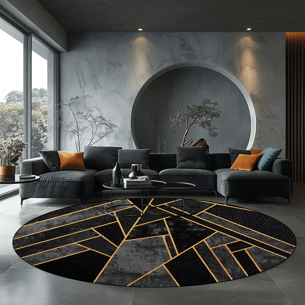 Grey Geometric Round Carpet for Living Room Modern Luxury Home Bedroom Decor Rugs Large Area Non-slip Coffee Tables Chair Mats