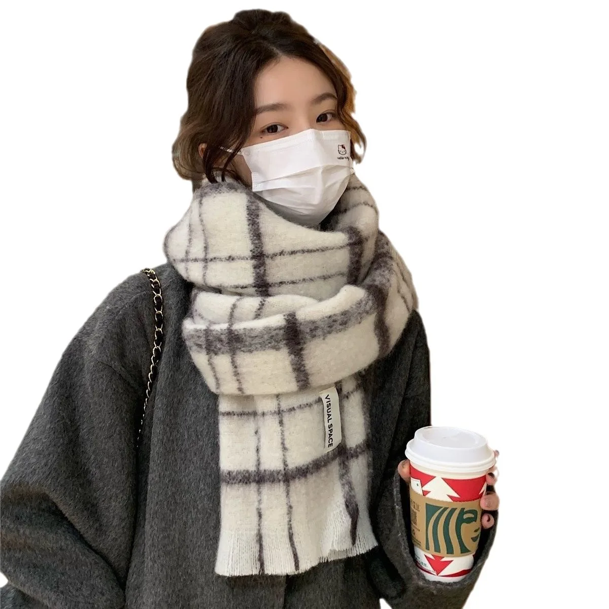 Women Plaid Scarf for Winter Warm Mohair Thickened Muffler Korean   Tassel Check Shawl Neck Warmer Couple Long Scarf Women Men