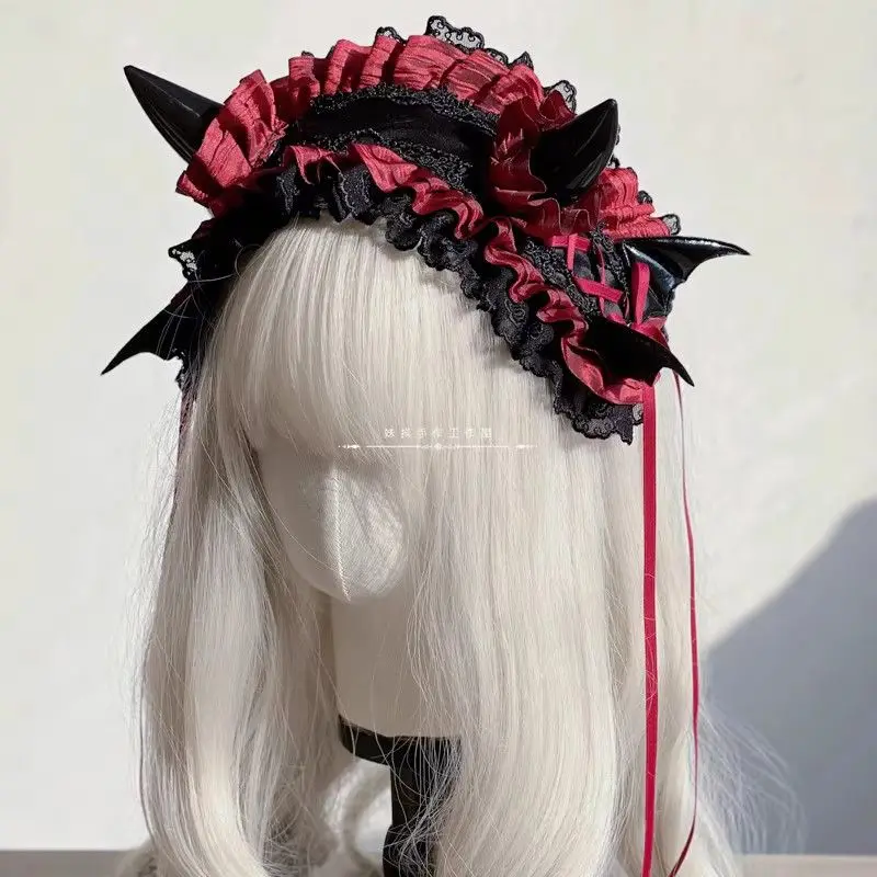 Dark Gothic Lolita Devil Horns Devil Wings Headband Halloween Multilayer Lace Girl Hair Decoration