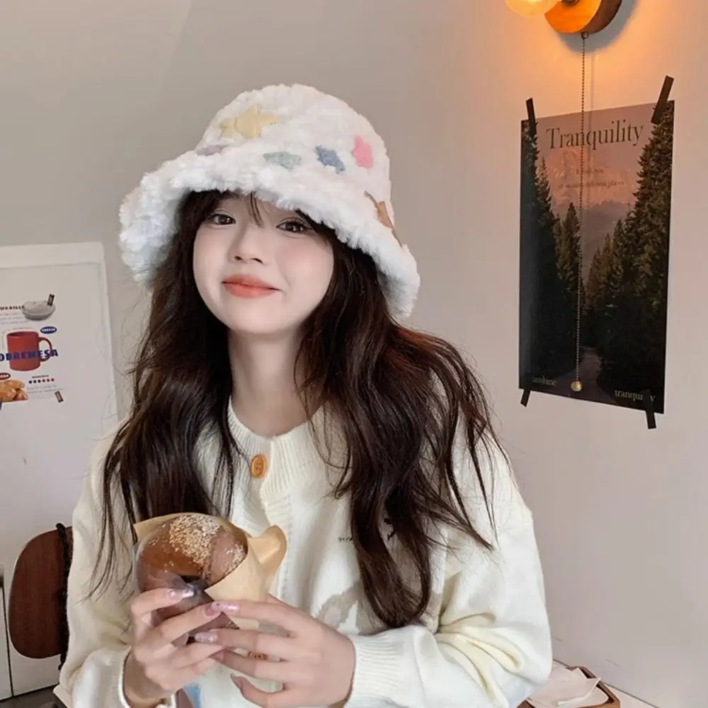 قبعة صياد السمك من القطيفة على شكل نجمة قبعة دلو كاجوال للسيدات قابلة للطي قبعة بنما للخريف والشتاء قبعة حماية الأذن الدافئة اللطيفة