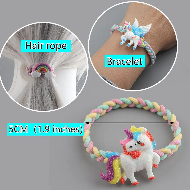 【 5 PCS/Card 】Unicorn Rainbow Hair Loop Headband Set Cartoon Hair Accessories Children\'s Rubber Band Headband Bracelet Dual Use