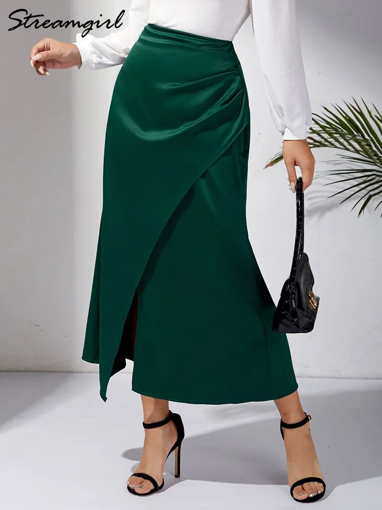 Women Trumpet Satin Skirts With Slit Long Fashion 2024 Elegant Chic High Waist Office Maxi Fold Skirts Women Silk Green 2024