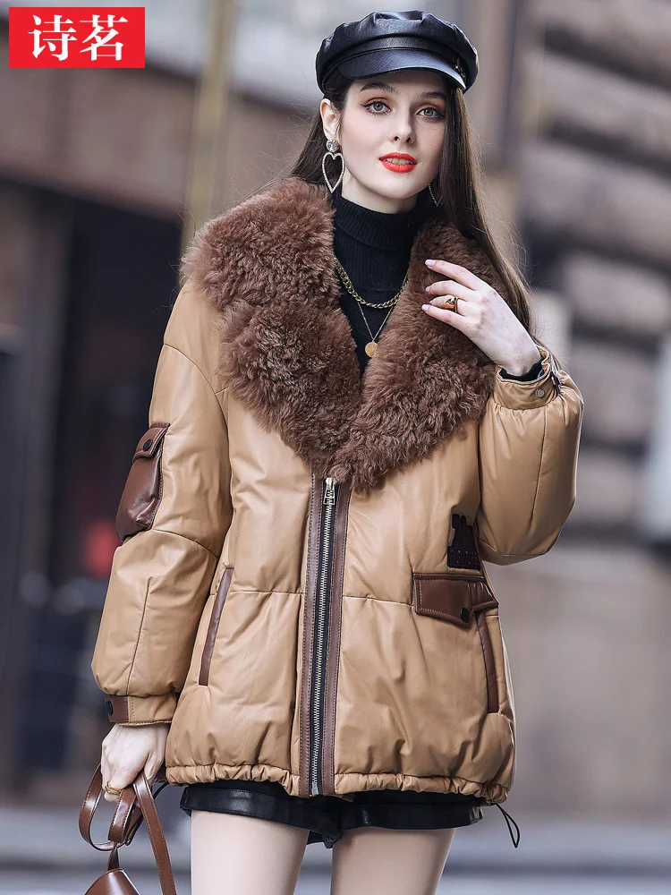 Winter New Fashion Young Genuine Leather Down Coat Women's Mid length Icelandic Fur Fur Collar Haining Leather Coat