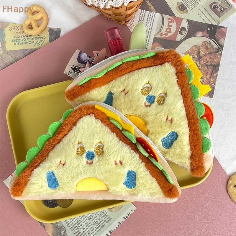 Cartoon Sandwich Plush Coin Purse Pendant Wallet Headphone Storage Bag Portable Lipstick Bag Key Case Bag Decor