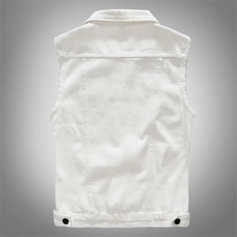 Men's White Sleeveless Vest Coat for Summer and Fall; Single-breasted, Notched-collar Denim Jacket; Asian Sizes M–6XL.