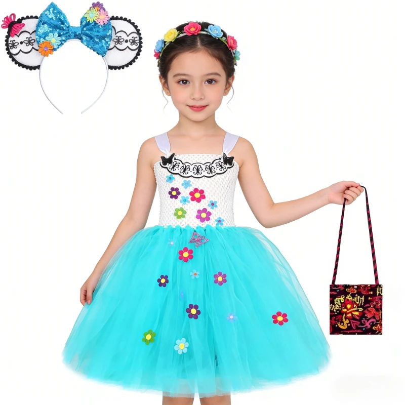 

Mirabel Madrigal Long Costume for Girls Christmas Halloween Outfit Flowers Butterfly Princess Tutus for Kids Encanto Fancy Dress