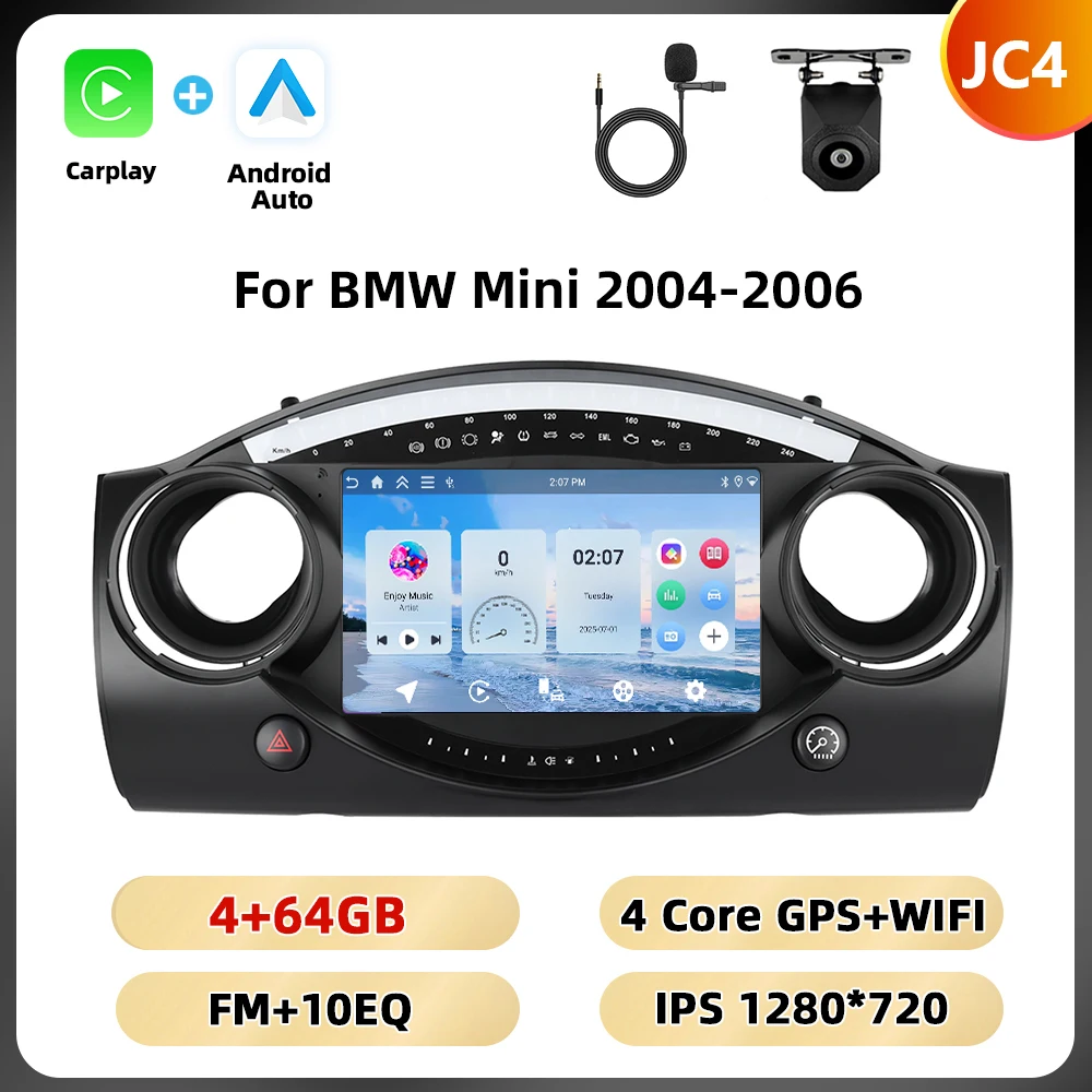 Podofo 8+128G 8-core autoradio voor BMW Mini 2004-2006 multimediaspeler Android Auto Carplay WIFI 4G Qualcomm AI spraakbesturing auto-audio