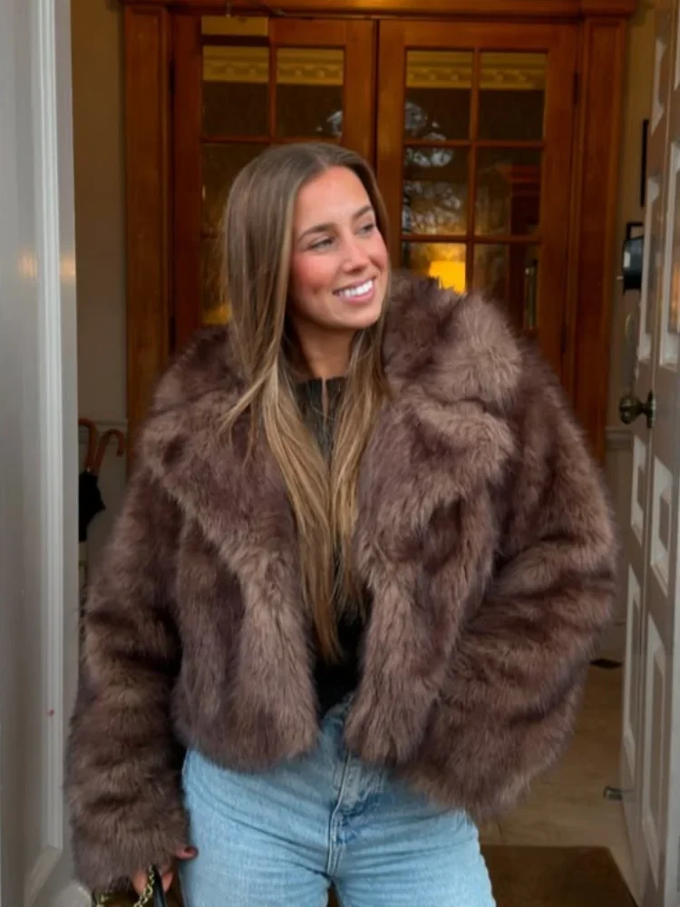 Abrigo corto de piel sintética cálido de gran tamaño para mujer, chaqueta Flurry de manga larga con solapa grande a la moda, ropa de calle femenina