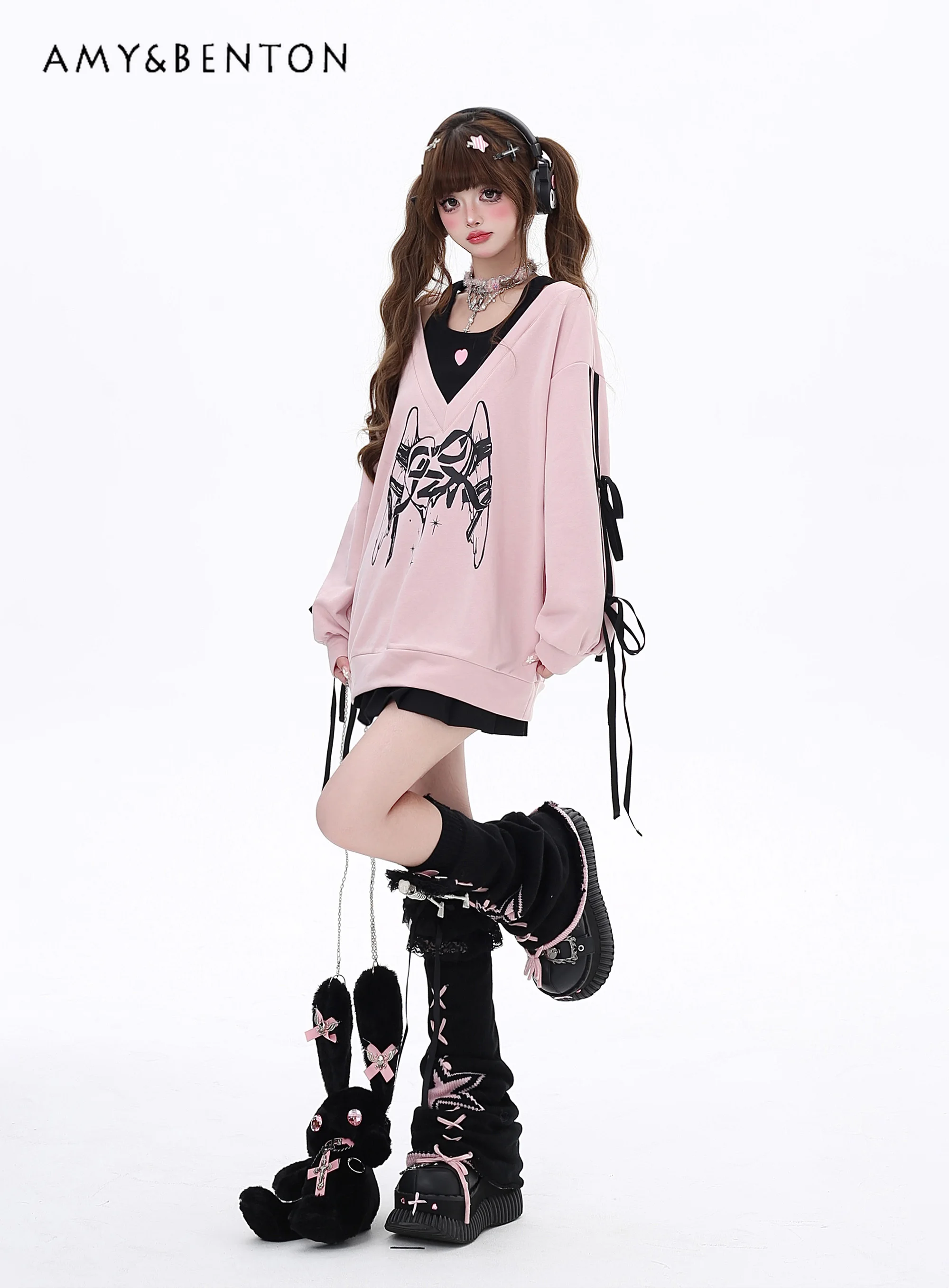 Subculture Sweet Hot Girl Butterfly Print Round Collar False Two-Piece Sweatshirt Autumn Preppy Style Cute Oversized Hoodies