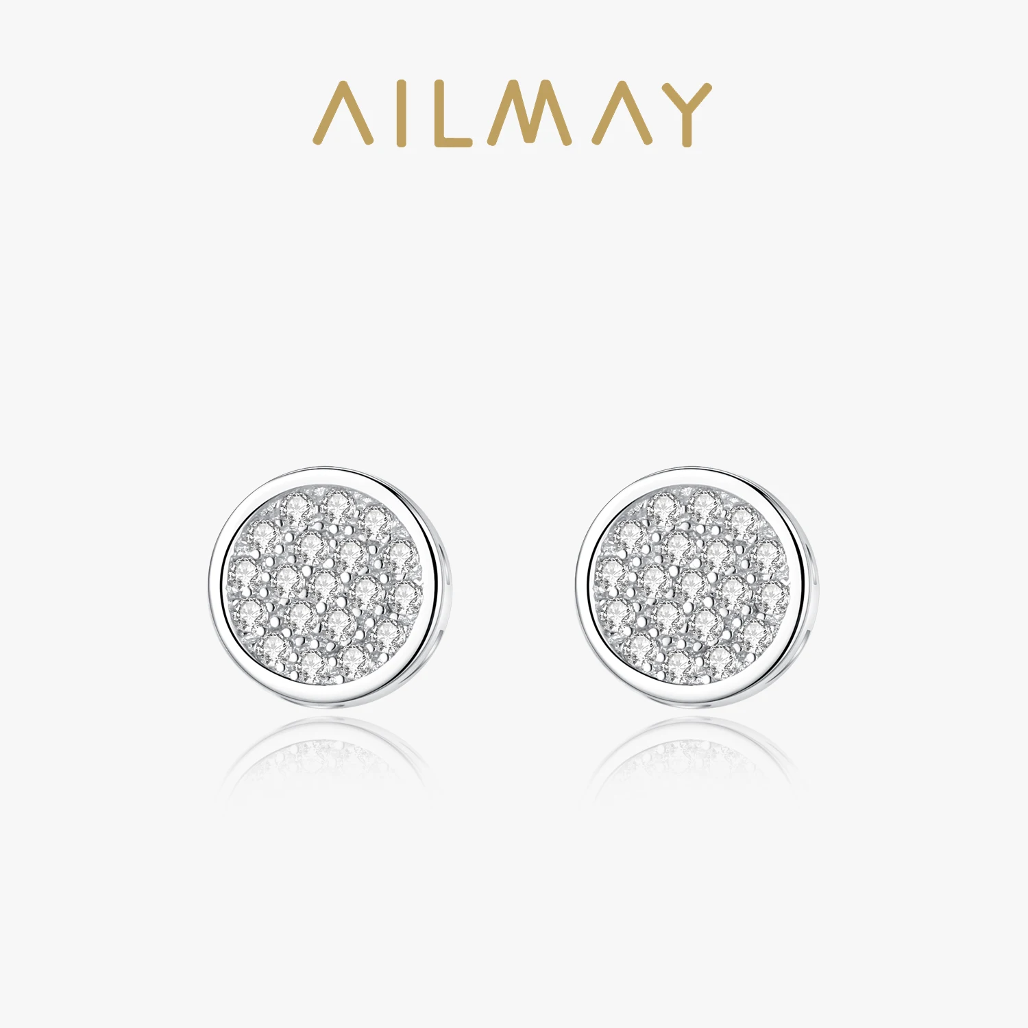 Ailmay High Quality Fashion 925 Sterling Silver Shiny Zircon Round Stud Earring for Women Wedding Engagement Jewelry Gift