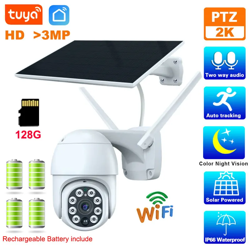 Tuya Solar WiFi Camera Outdoor Waterproof 3MP 5W 10000mAh Battery Smart Life APP Wireless PTZ PIR CCTV Auto Tracking Camera 2K