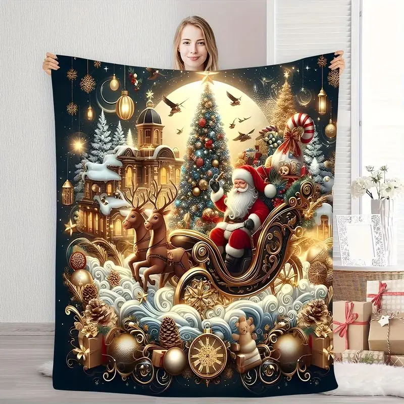 VIKAMA 2027 Merry Christmas Throw Blanket Golden Santa Sleigh Reindeer Tree Scene Blanket for Couch Sofa Decor Winter Gift