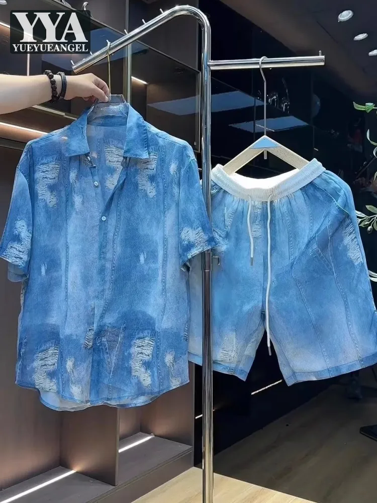 

Mens Vintage Summer Loose Fit Breathable Shirt Shorts Two Piece Set Holiday Outfits Hollow Out Tops Elastic Waist Streetwear