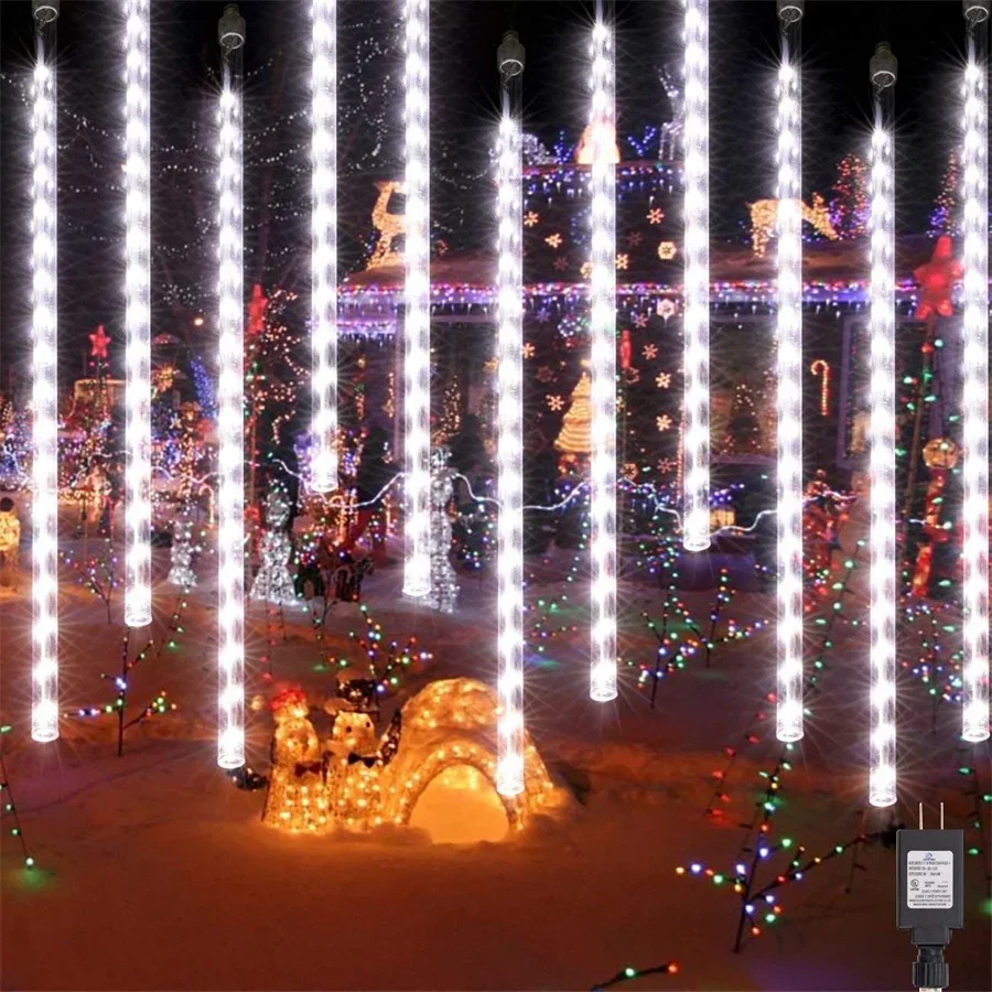 ไฟต้นคริสต์มาสฝนดาวตกกลางแจ้งไฟ 8 หลอด 288LEDs หิมะตก Rain Cascading Icicle ไฟสําหรับ Xmas Tree Decor