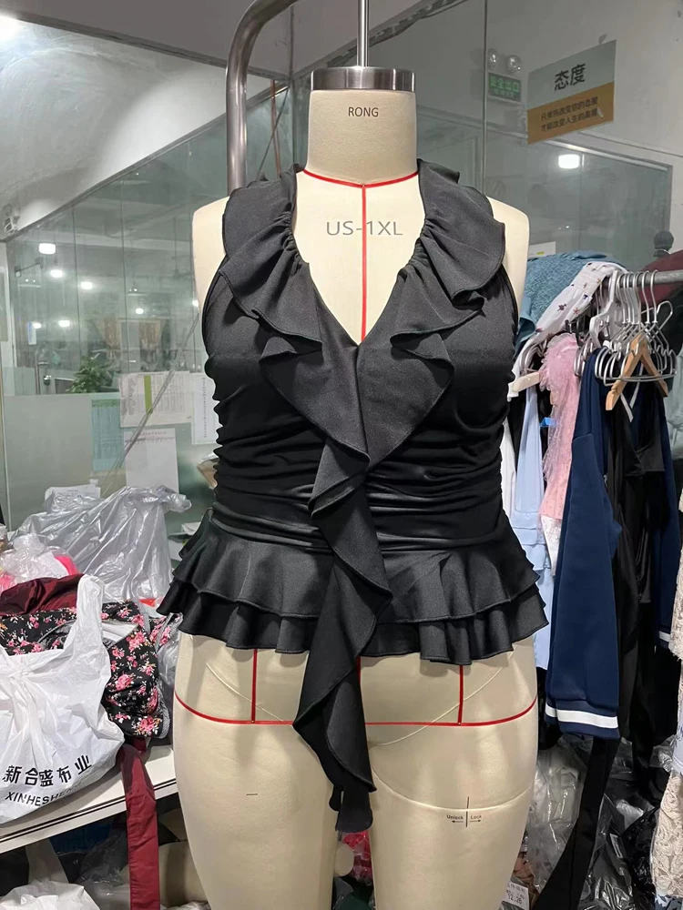 Plus Größe Frauen V-ausschnitt Ärmelloses Rüschen T-shirt Lose Beiläufige Top Einfarbig Mode Sexy Sommer Beste Wahl