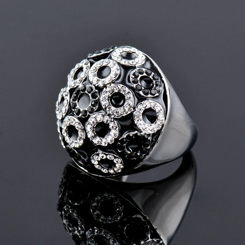 SINLEERY Unique Vintage Half Ball Round Black Enamel Big Rings Circles Cubic Zirconia Rings For Women Jewelry