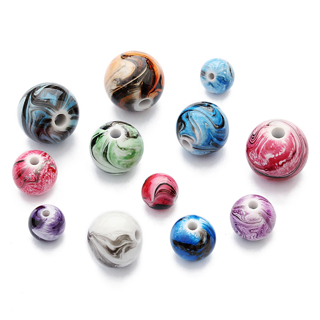30–100 Stück Harzperlen, 6, 8, 10, 12, 14 mm, Tuschemalerei, gemischte Farben, runde lose Distanzperlen für Schmuckherstellung, DIY-Halskette, Armbänder