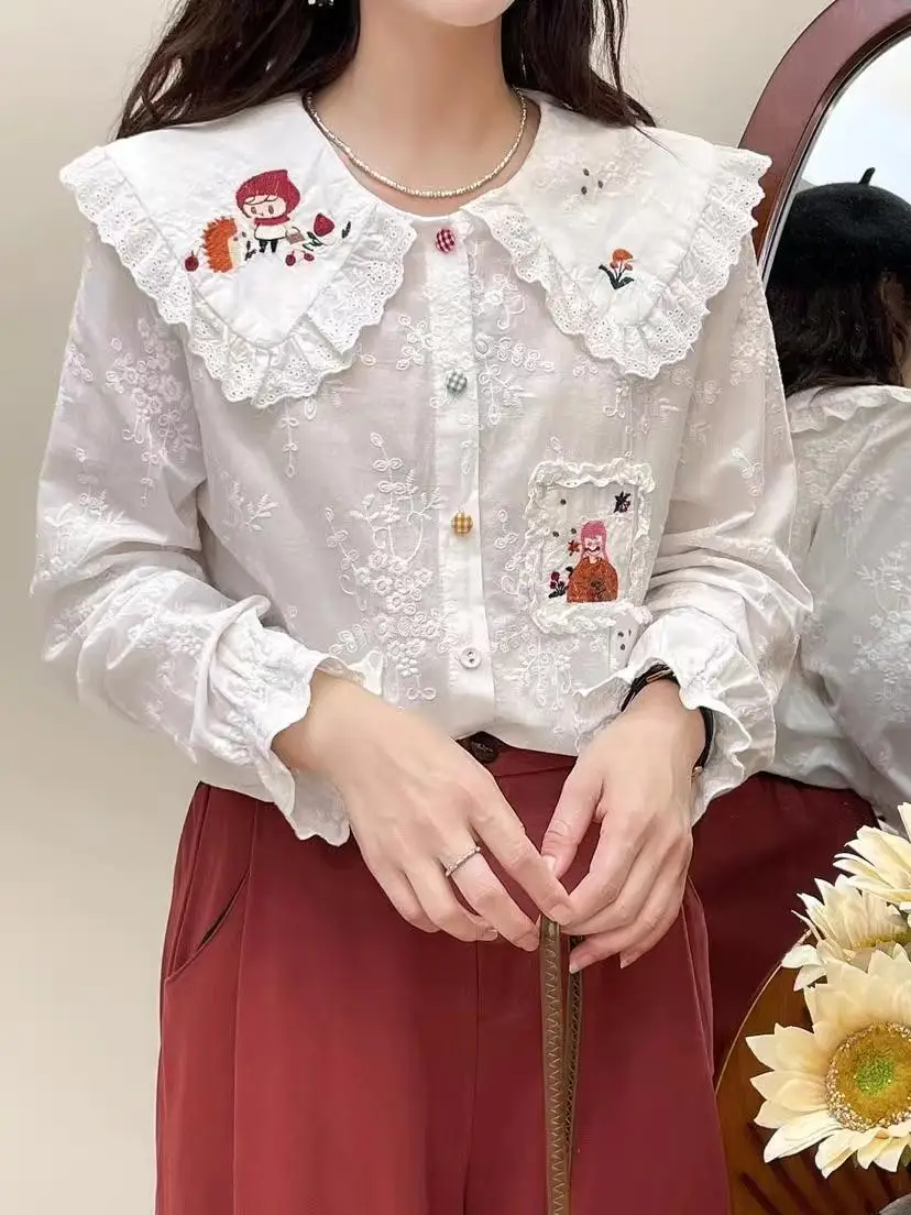 Sweet Mori Girl Cartoon Embroidered Shirt Female Peter Pan Collar Blouse Women Japan Style Autumn Cotton Long Sleeve Shirts