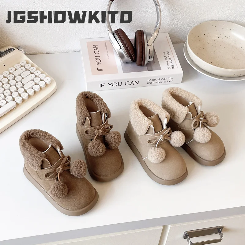 JGSHOWKITO Toddler Girls Winter Boots Cute Hairball Children Princess Cotton Boots Warm Flurry Outdoor Kids Short Plush Boots