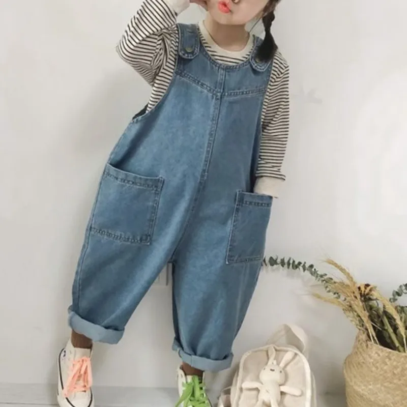 귀여운 청바지 키즈 오버롤, 한국 루즈 캐주얼 인기 Y2K 아동복 점프수트 바지, 귀여운 패션, 용수철 가을 신상