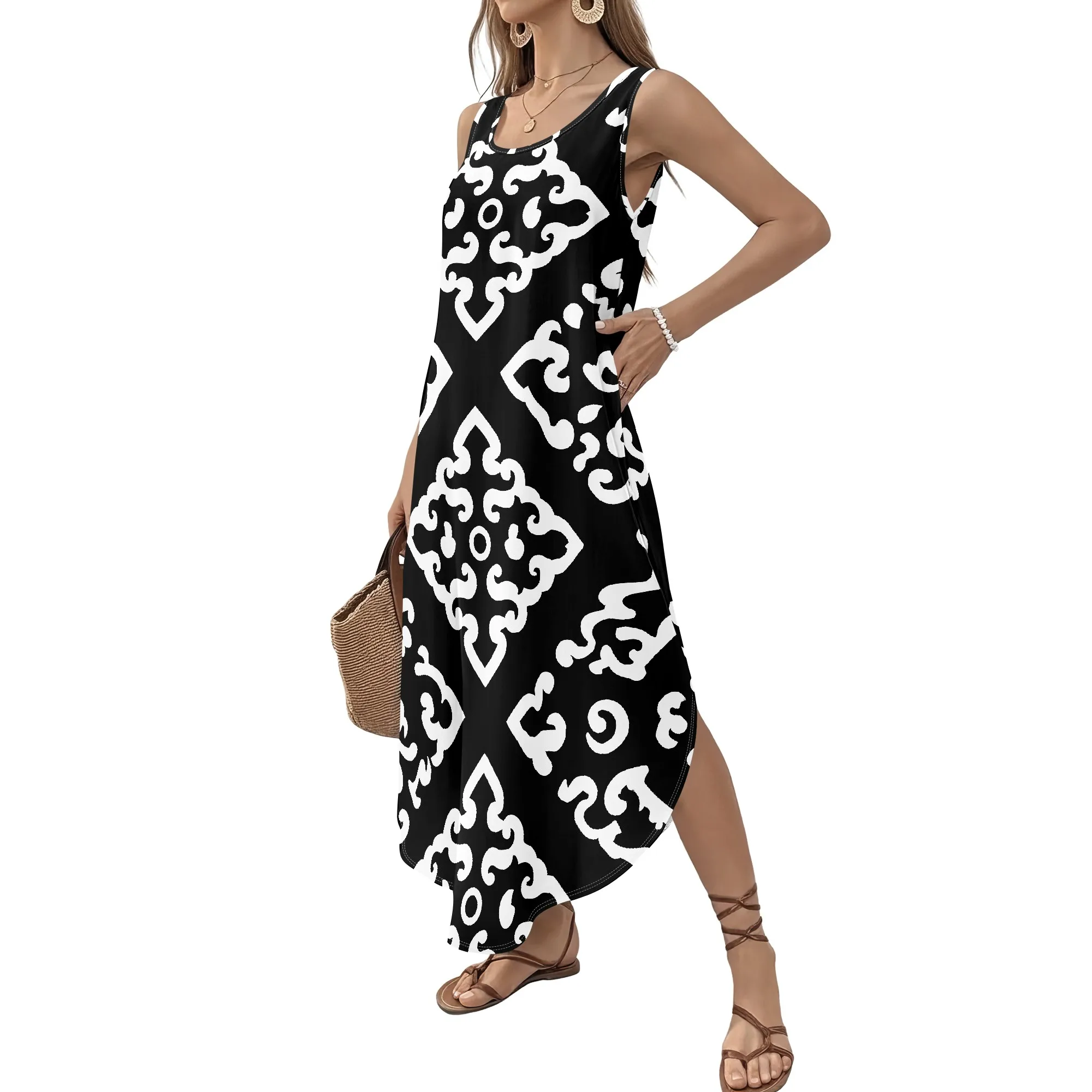 Geometric Print Sleeveless Maxi Dress, Boho Pattern Sundress, Casual Summer Beachwear for Women, Pockets Included, S-2XL
