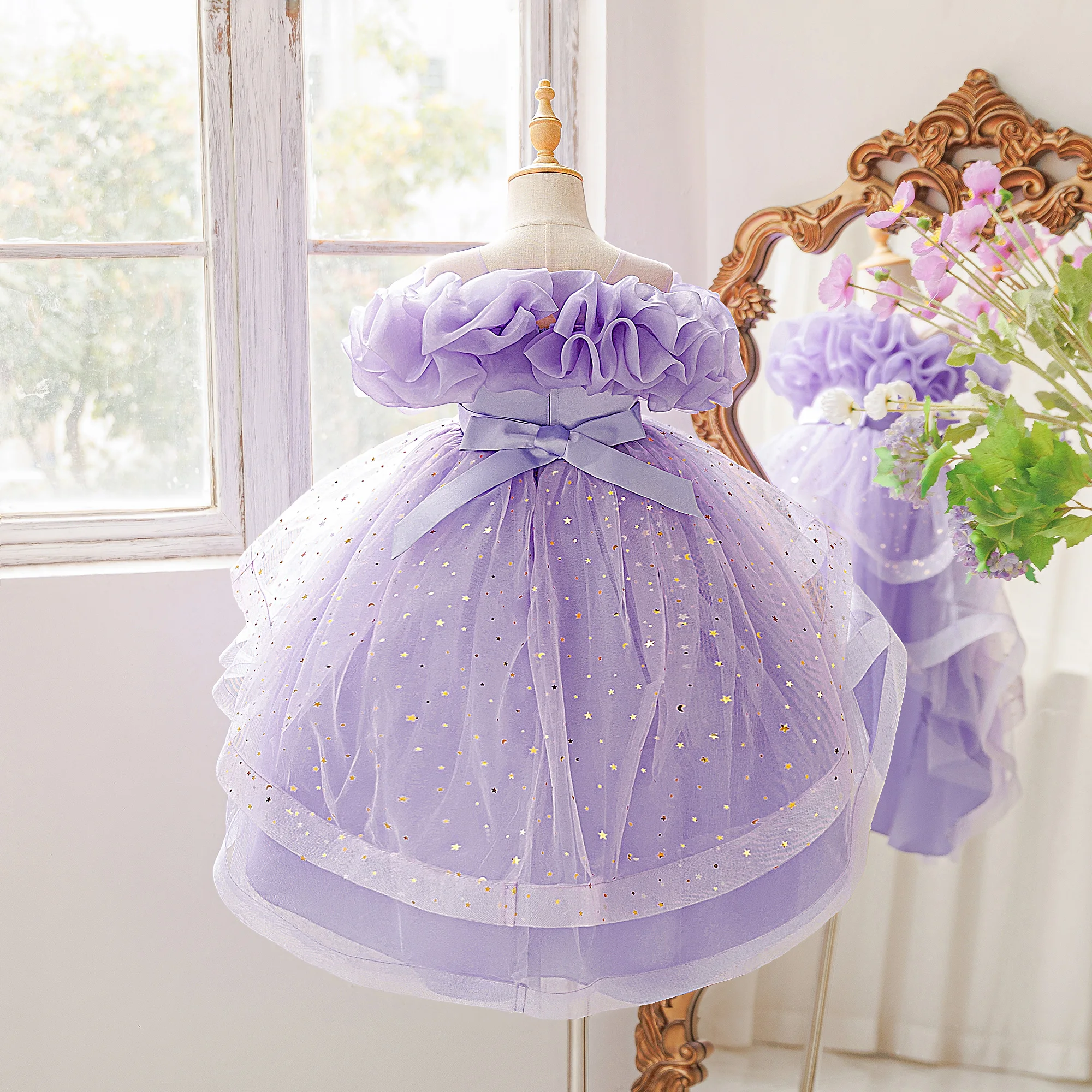 Summer Flower Bridesmaid Party Girls Dresses Elegant Bow Wedding Princess Prom Dress Girl Tulle Graduation Birthday Evening Gown