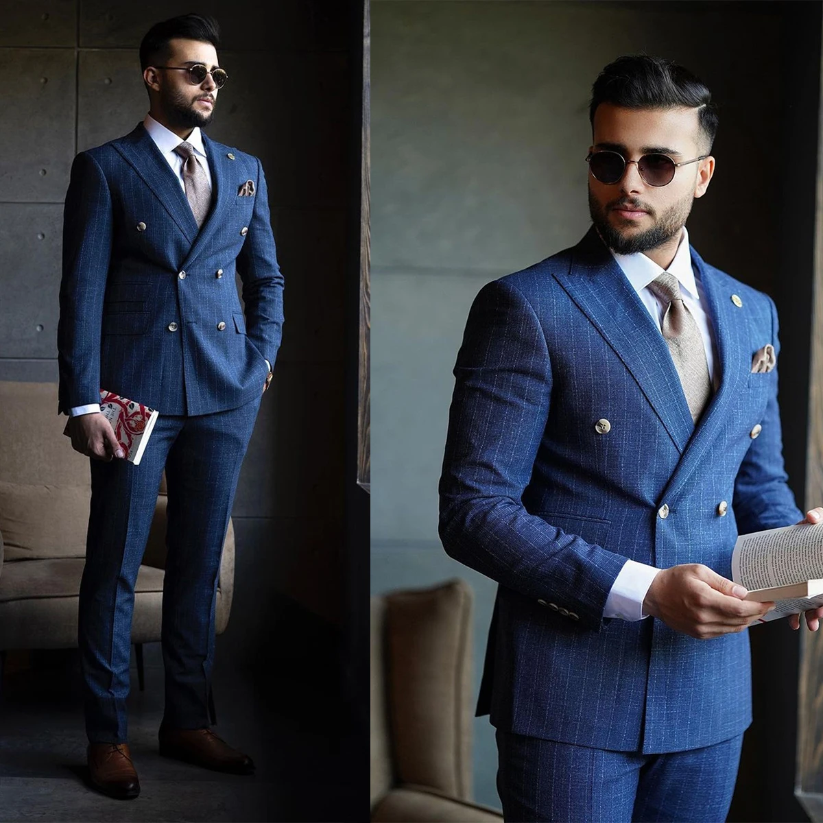 

Blue New Men Suits 2 Pieces Blazer Pants Double Breasted Pinstripes Tuxedo Slim Fit Fashion Wedding Formal Work Causal Tailored