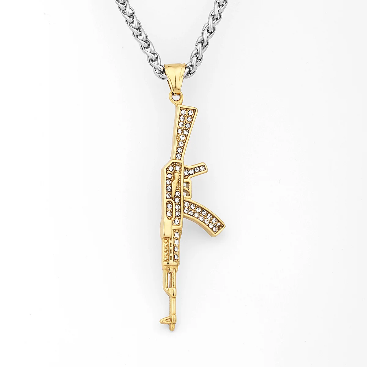 Hip Hop Style Gold Color Inlaid Multi Zircon AK47 Rifle Stainless Steel Necklace UNISEX Rap Singer Music Festival Necklace