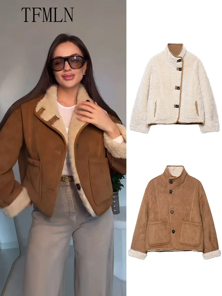 

2025 зимнее повседневное двустороннее пальто из овечьей шерсти для женщин, однобортное свободное теплое пальто с воротником-стойкой, шикарные женские офисные куртки