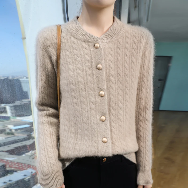 

100% Wool Cardigan O-neck Sweater Women Autumn Winter Fashion Solid Color Twist Long Sleeved Tops Warm Loose Knitted Jacket Coat