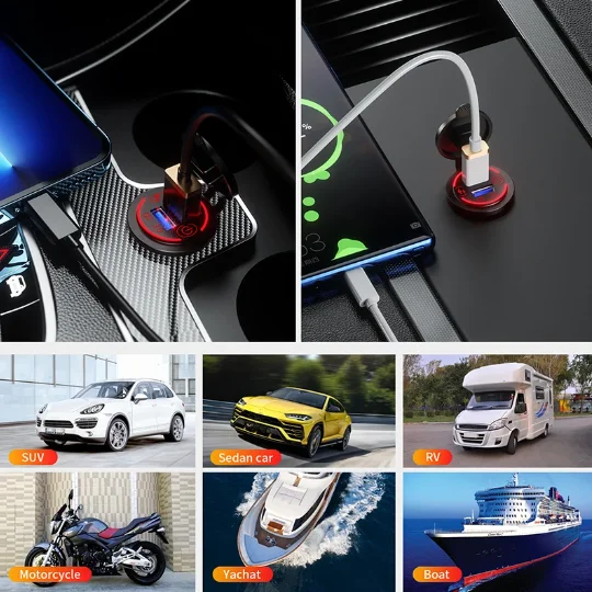 Hongtai Technolo QC3.0 USB Rapid Car Charger Socket 12V/24V Waterproof with Switch Car Rapid Charging Adapter Power Socket
