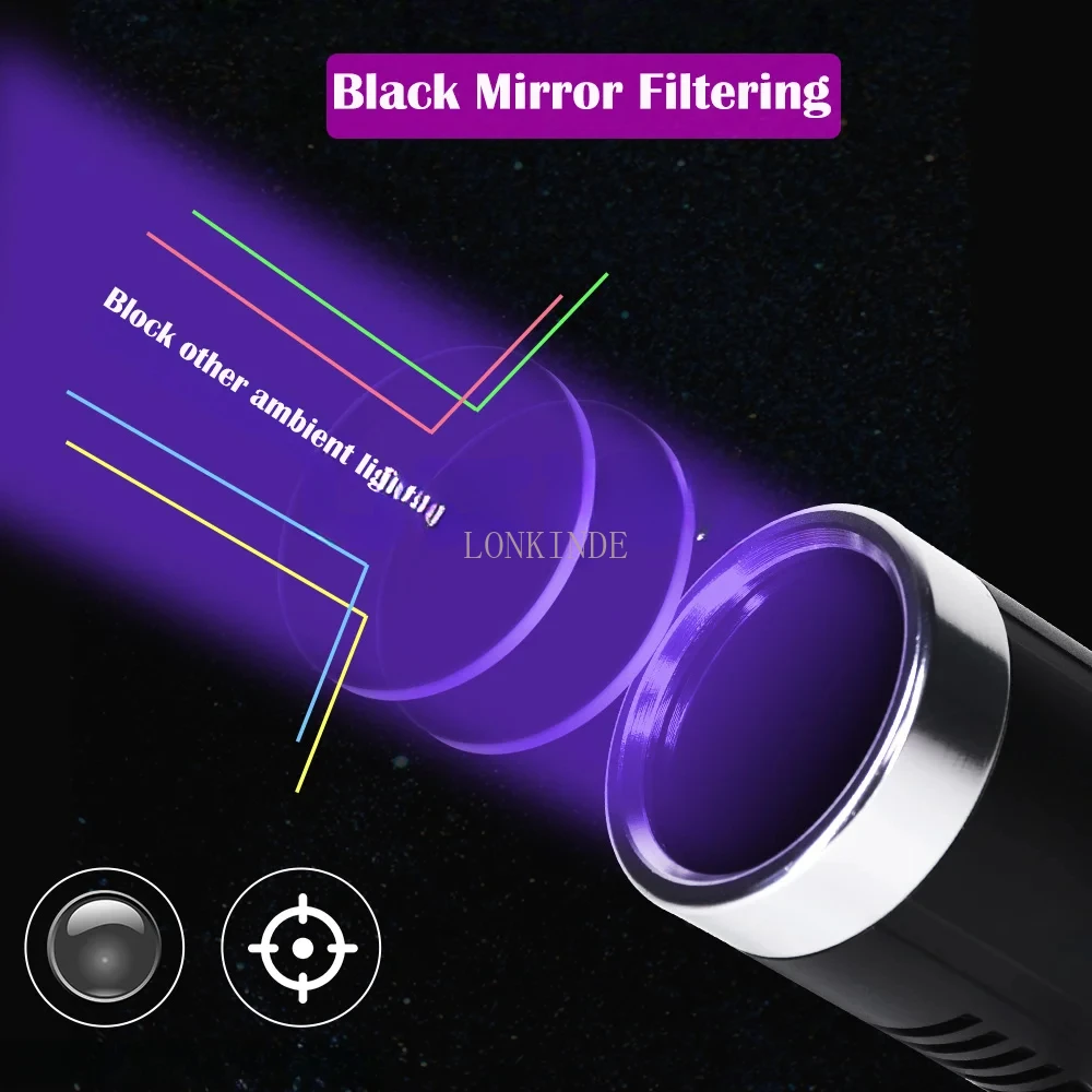 80W High Power UV Flashlight 4-CORES 365nm Type-C Rechargeable Black Mirror Purple Light Wood's UV Detection Lantern use 26650