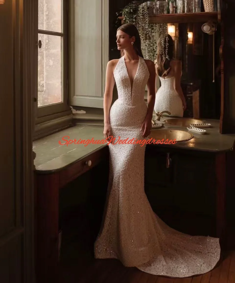 

Customized Fully Lace Romantic Wedding Dress White Pearls Charming Mermaid Bride Wear Sexy Halter Floor-length Beautiful Gown