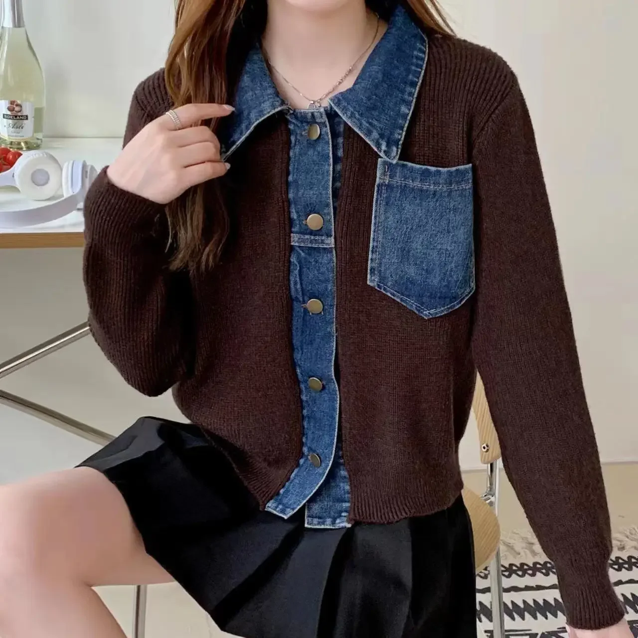 Small Spring Autumn Outerwears Female Jeans Coat Short Black Patchwork Crop Women\'s Denim Jackets Knitted 2024 New Collection In